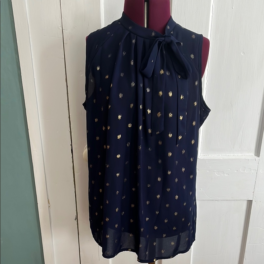 Blue Sleeveless Blouse with Tie Front and Mandarin Collar